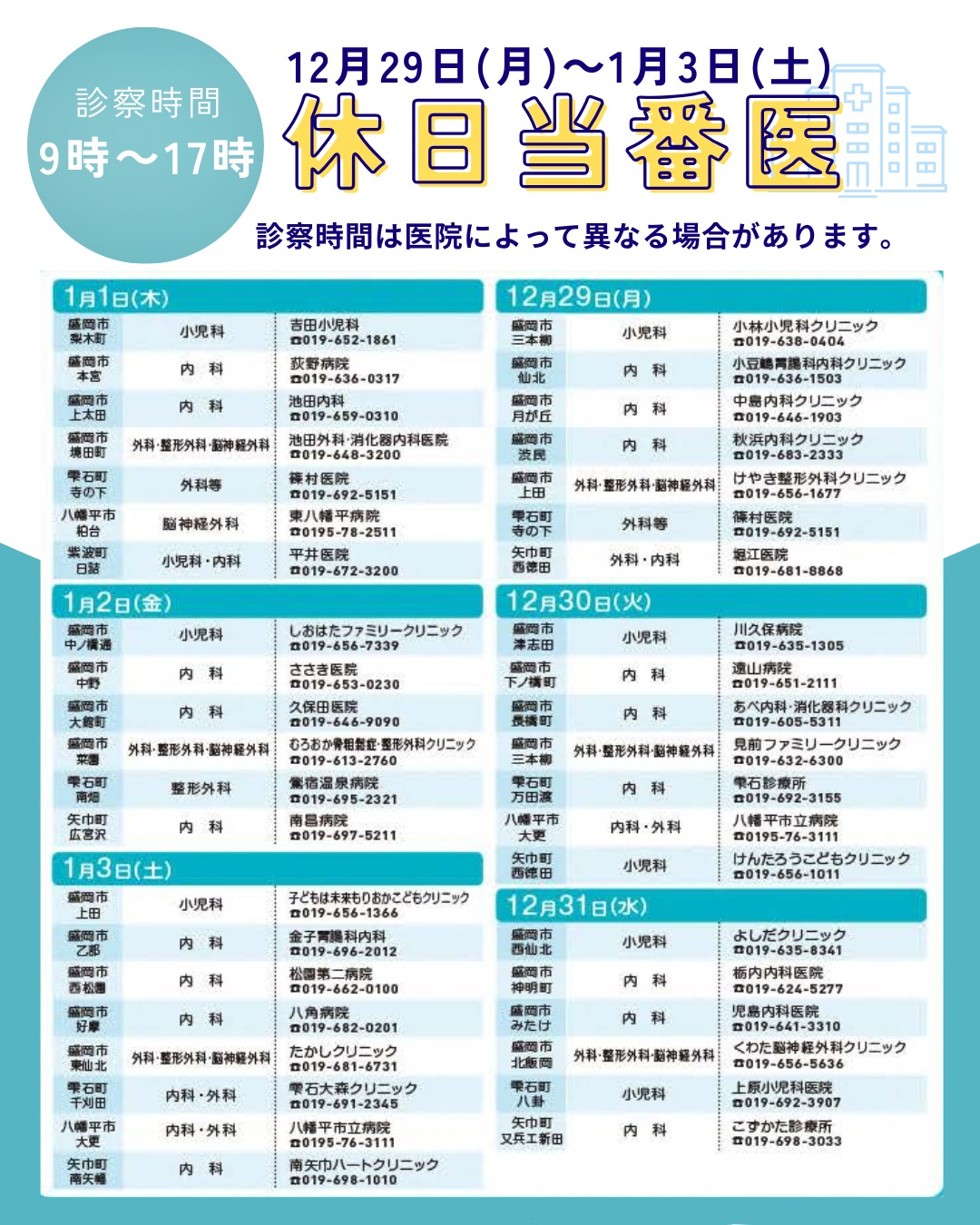 【年末年始の当番医】

先月から今月まで、3回も発熱した息子。しかも、平日じゃなくて土日😟休日当番医を調べつつ、病院に行くタイミングをどうしようか。毎回とても悩みました…💦　結局、食欲もあって割と元気だったので、週明けの月曜にいつもの病院へ。休日の発熱はドキドキしますよね😰

岩手県内ではインフルエンザ🥵が猛威をふるっていますが、みなさま体調はいかがでしょうか？

年末年始の当番医について、fam冬号で掲載した内容を再度掲載します。

＋＋＋

最新情報は以下のWEBサイトにてご確認ください。

盛岡市にお住まいの方
　⇒盛岡市医師会　休日当番医
https://www.morioka-med.or.jp/tobani.htm

八幡平市、滝沢市、雫石町、葛巻町、岩手町にお住まいの方
　⇒岩手西北医師会　休日当番医
https://iwate-seihoku.jp/

紫波町、矢巾町にお住まいの方
　⇒紫波郡医師会　休日当番医
https://shiwa-med.jp/duty/

＋＋＋

なお、薬局にも休日当番があります。
以下のWEBサイトにてご確認ください。

https://www.iwayaku.or.jp/holiday/

みなさんが元気に年末年始を過ごされますように☆彡

もし体調がよくない場合は、周りの力も借りながら、乗り切ってください！
一日でも早く穏やかな日々に戻れるよう願っております🙏

#当番医
#早くよくなりますように
#ファム
#fam
#family
#もりおか
#岩手
#いわて
#こども
#岩手県
#盛岡市
#紫波町
#雫石町
#矢巾町
#八幡平市
#滝沢市